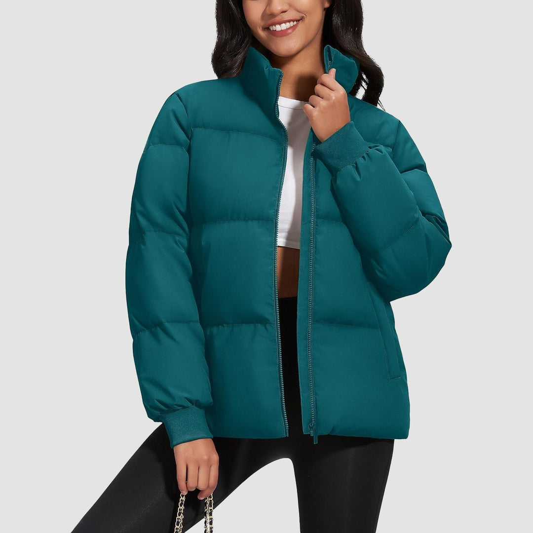 Black women's puffer jacket with hood, quilted design, perfect for snow and winter