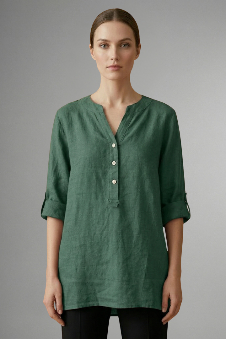 Comfortable women's loose fit linen blouse, button-front, roll-up sleeves. V-neck for stylish everyday wear.