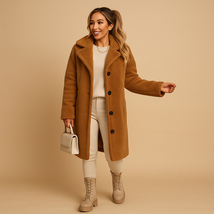 Stylish women's long teddy coat in brown. Cozy winter jacket for ladies, offering warmth and modern fashion.