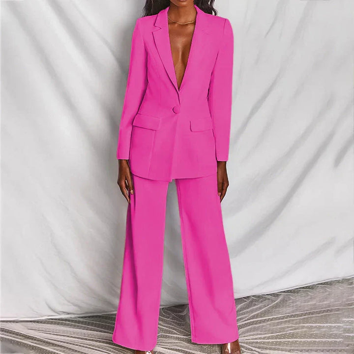 Women's tailored longline blazer and wide-leg trouser suit for a modern, sophisticated business look.