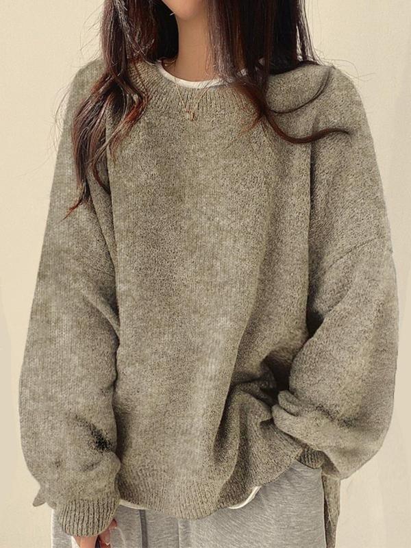 Front view of a women's slouchy wool blend sweater, emphasizing its comfortable, relaxed fit and knit detail
