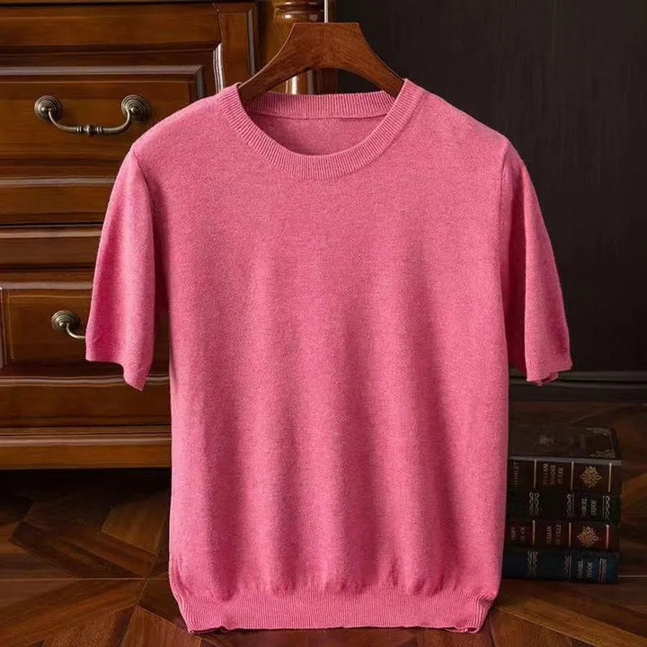 Women's soft cashmere crew neck tee. Elegant long sleeve top, perfect for comfortable luxury apparel.