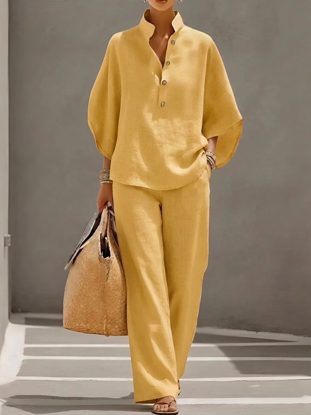 Delicate Mandarin collar kimono top from women's elegant two-piece pant set, ideal for fashion sets.
