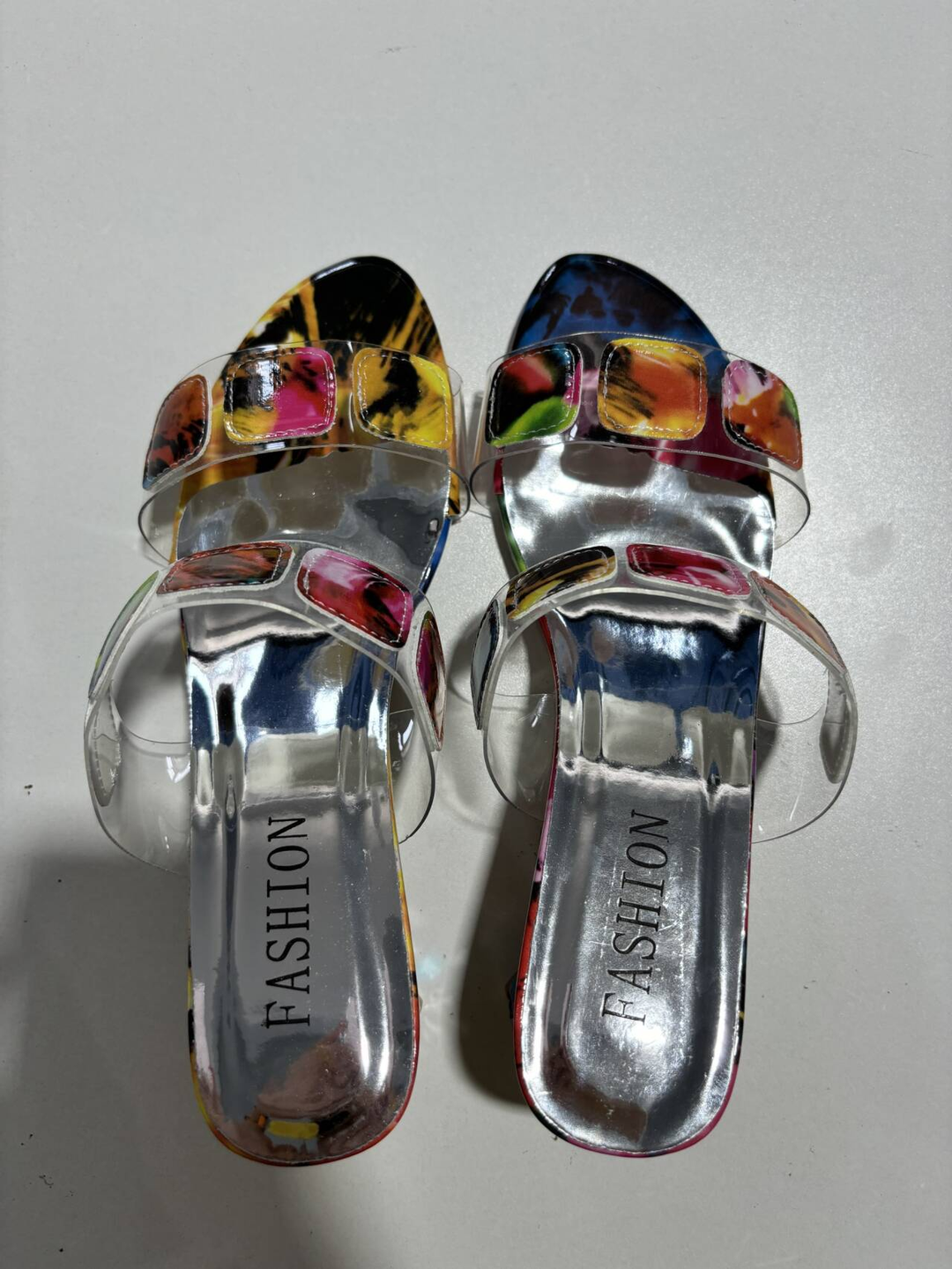 Women's multicolor gemstone multi-strap slide sandals with block heel. Elegant open-toe slip-on party shoes.