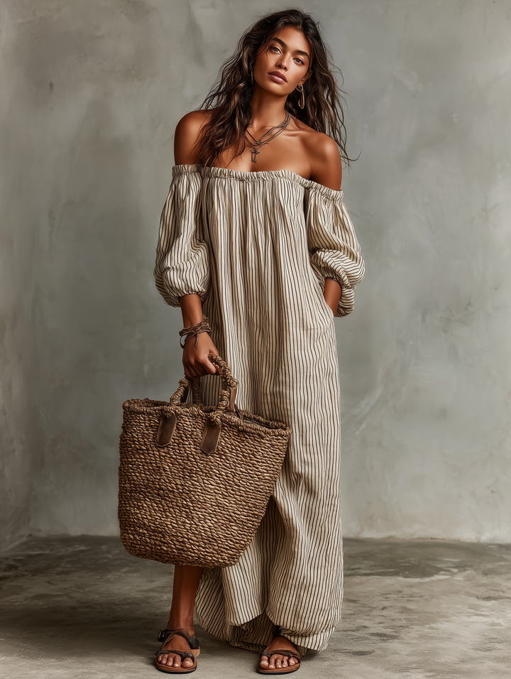 Chic women's off-shoulder long sleeve maxi dress, designed for comfortable vacation, beach, and resort wear.