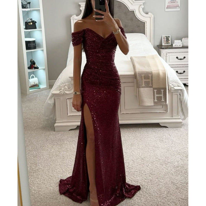 Women's off-shoulder sequin evening gown with high slit. Elegant maxi dress for formal events.