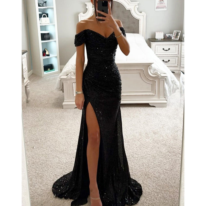 Off-shoulder sequin maxi dress. Women's elegant evening gown with high slit, ideal for formal & gala events.