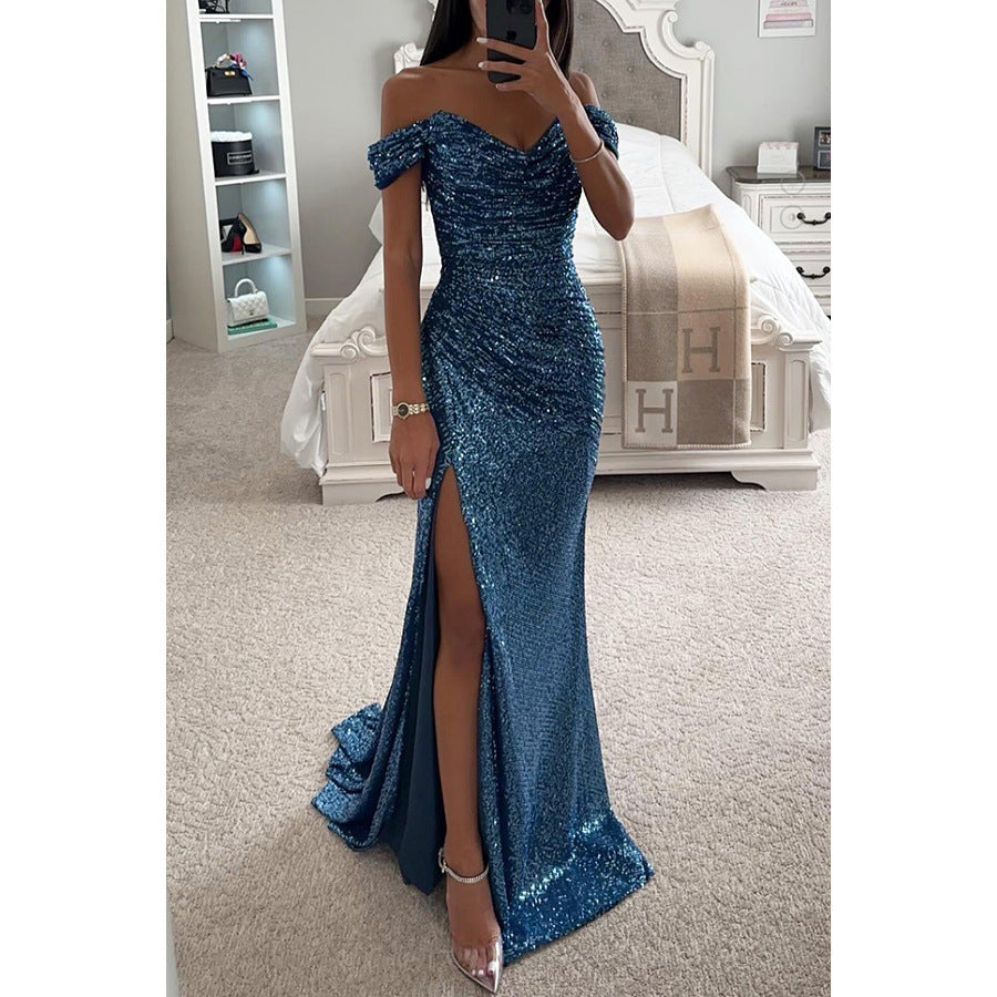 Stunning women's off-shoulder sequin formal dress. Maxi length evening gown with a flattering high slit.