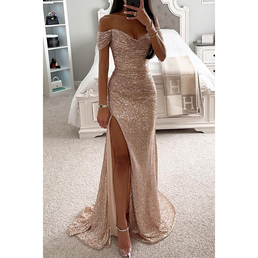 Elegant woman wearing an off-shoulder sequin evening gown. Maxi dress with high slit, perfect for formal wear.