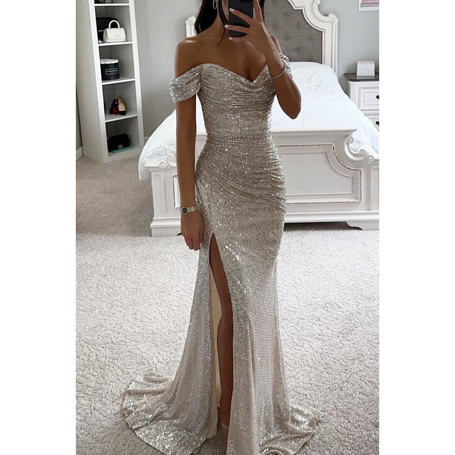 Women's off-shoulder sequin evening gown. Maxi formal dress with high slit for glamorous occasions.