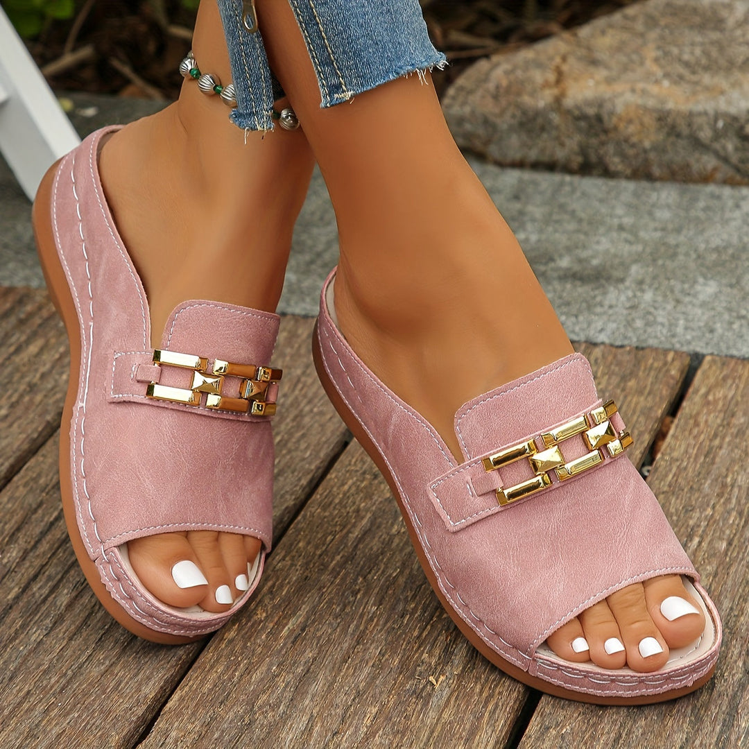 Close-up of Women's Opal cushioned sandals showing the comfortable footbed and stylish gold accent strap.