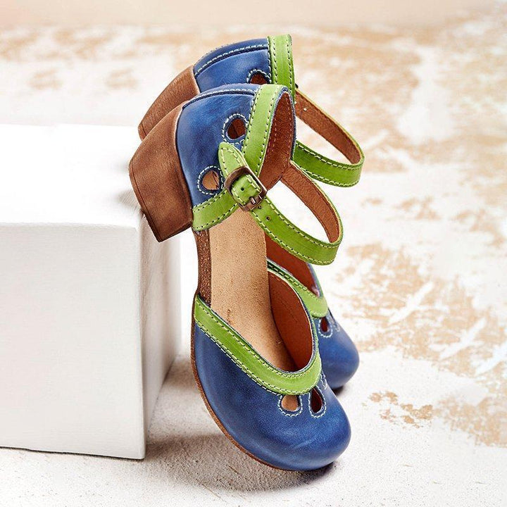 Comfortable women's open toe block heel sandals with a cutout design ankle strap. Chic and versatile for holiday and summer fashion.