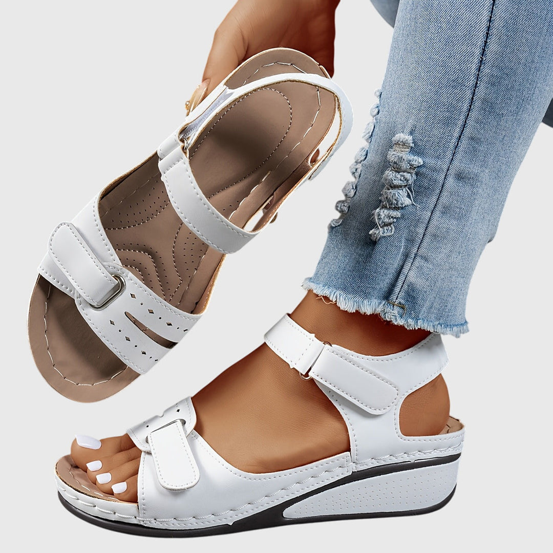 Open toe women's platform sandals, comfortable & supportive with buckle strap.