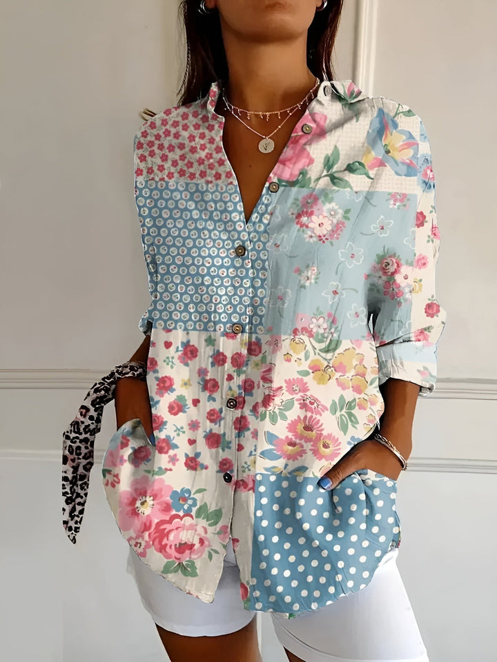 Stylish women's long sleeve floral vine print button down blouse. Casual oversized top for spring fashion.