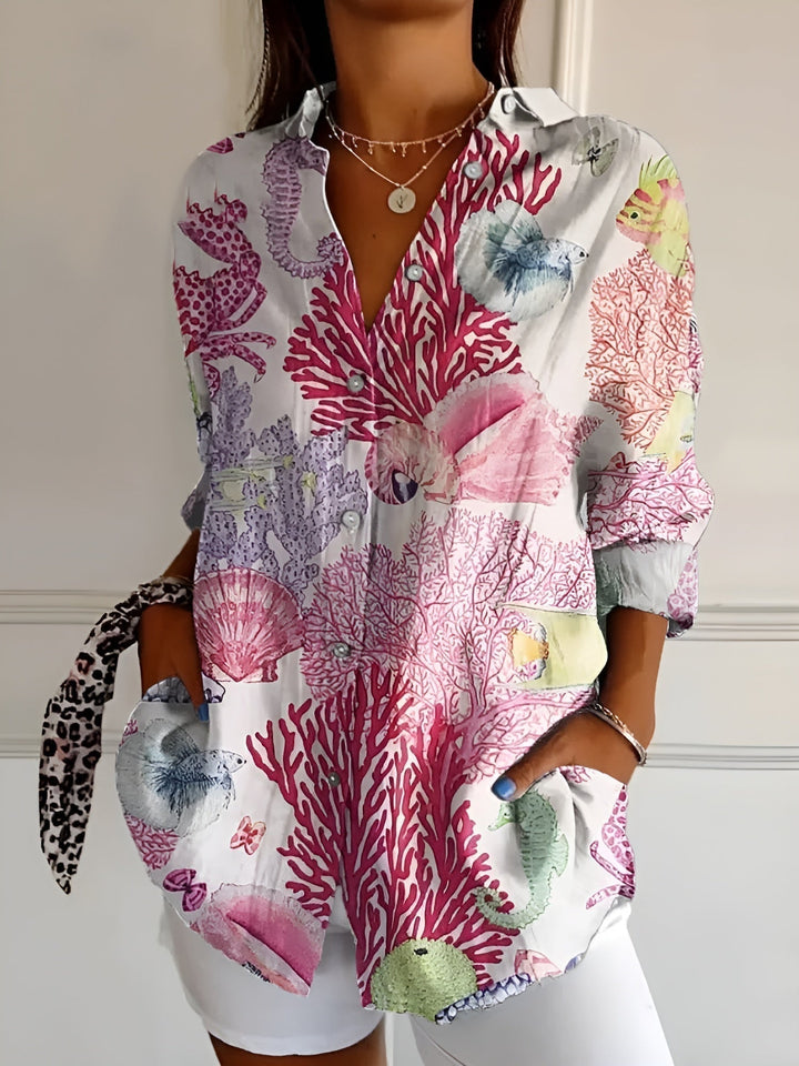Comfortable women's oversized floral vine print blouse. Relaxed fit button down, great for summer casual wear.