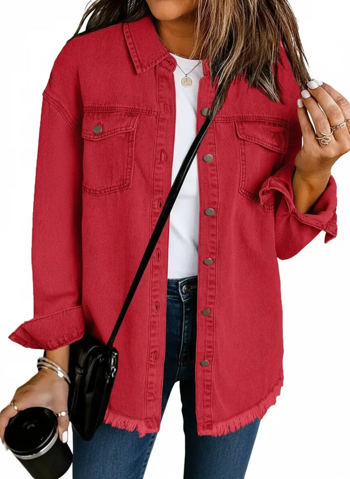 Women's oversized jacket featuring a unique fringe hem design. Comfortable button-down shirt jacket for women.