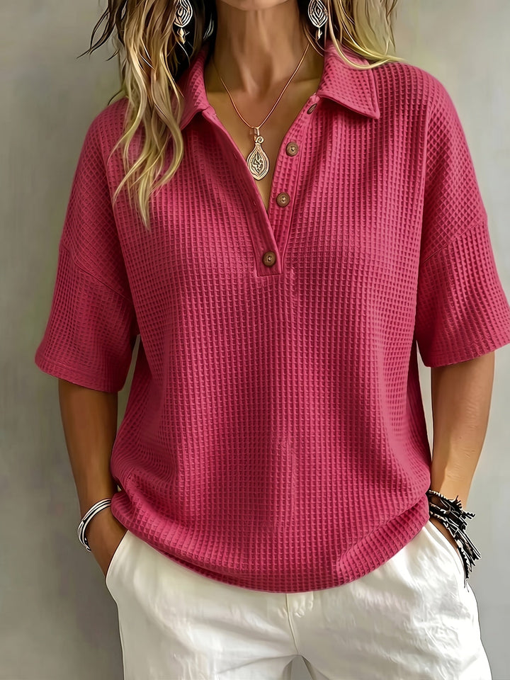 Versatile women's waffle knit polo top, ideal for a chic summer and everyday style.