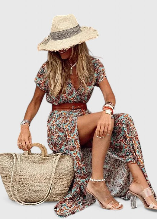 Chic boho V-neck paisley print maxi dress for women, with a flattering belt, short sleeves, and stylish side slit.