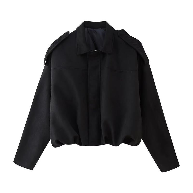 Casual black suede cropped bomber jacket for women featuring a zip closure and two pockets