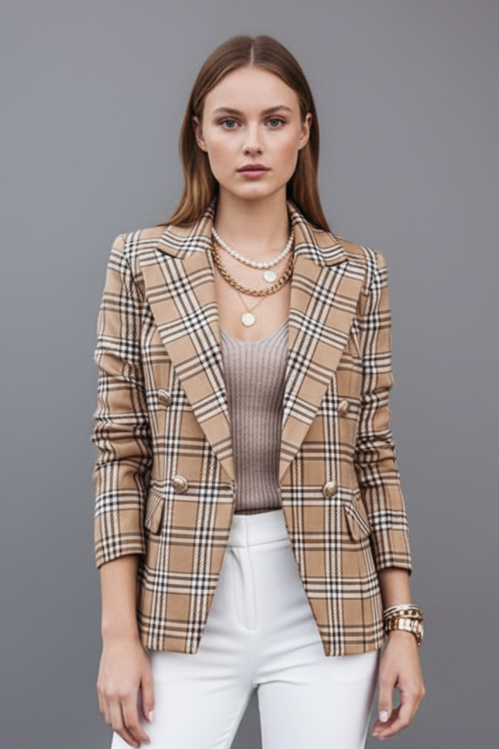 Professional women's plaid blazer. Long sleeve, double-breasted jacket with notched lapels for office attire.