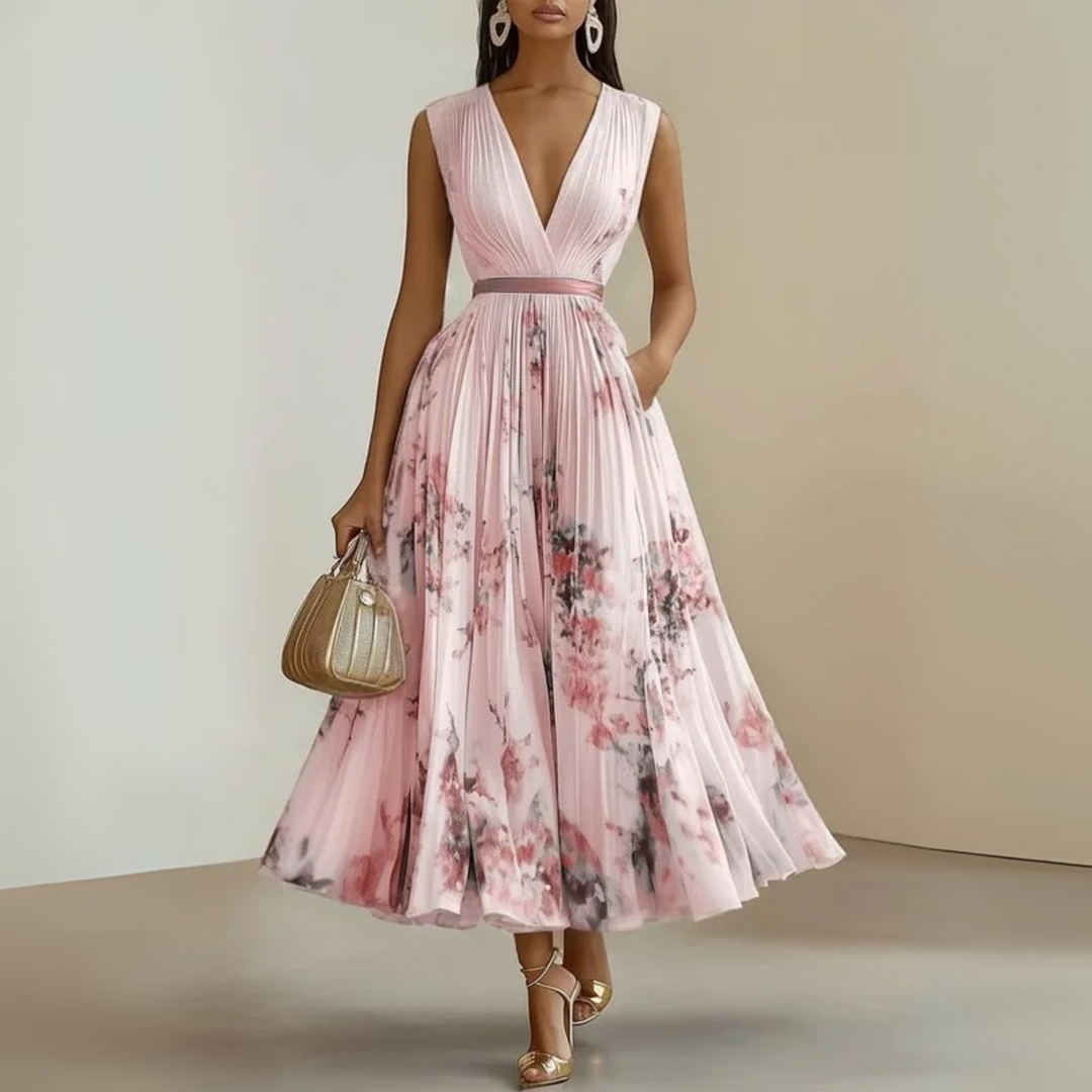 Elegant V-neck pleated maxi dress with a sleeveless design, a must-have for women's summer occasions & fashion.