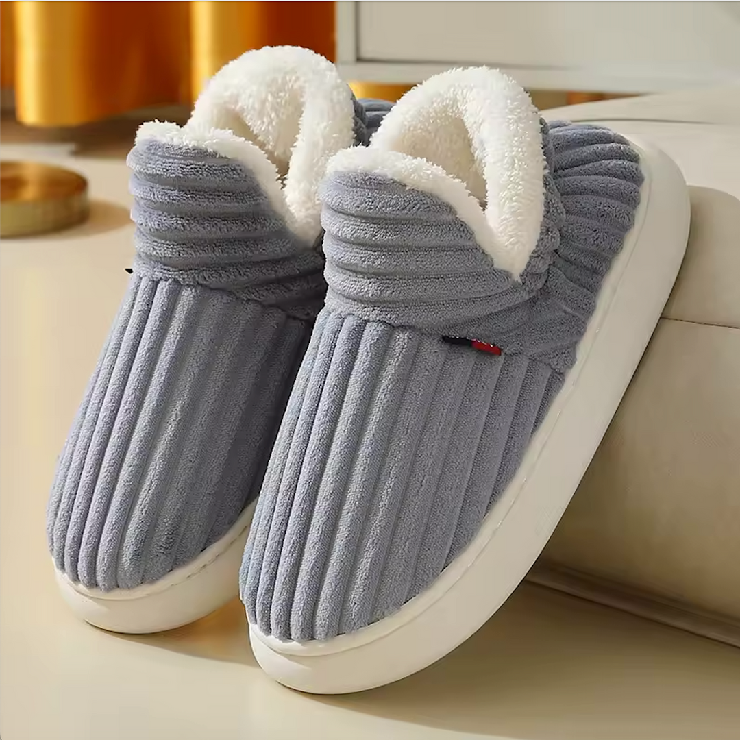 Women's plush memory foam slippers, cozy corduroy anti-slip house shoes for indoor comfort