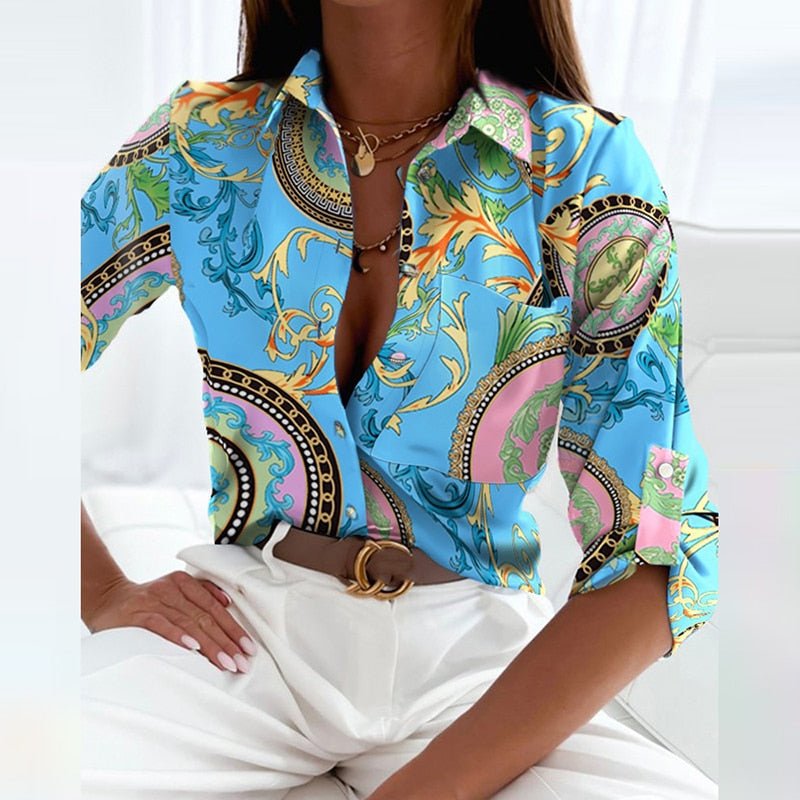 Elegant women's printed long sleeve button-down blouse, a fashion statement.