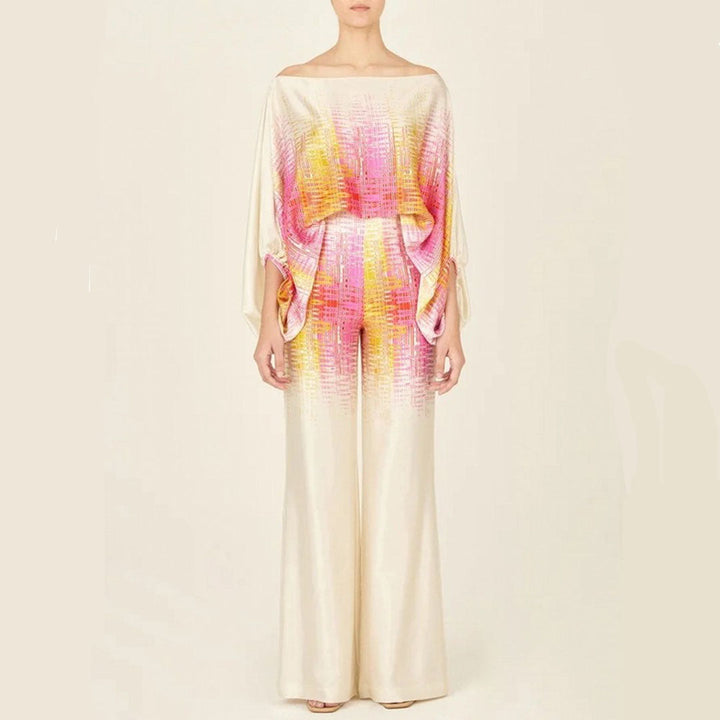 Elegant women's 2-piece co-ord set featuring a printed one-shoulder top and comfortable wide-leg pants.