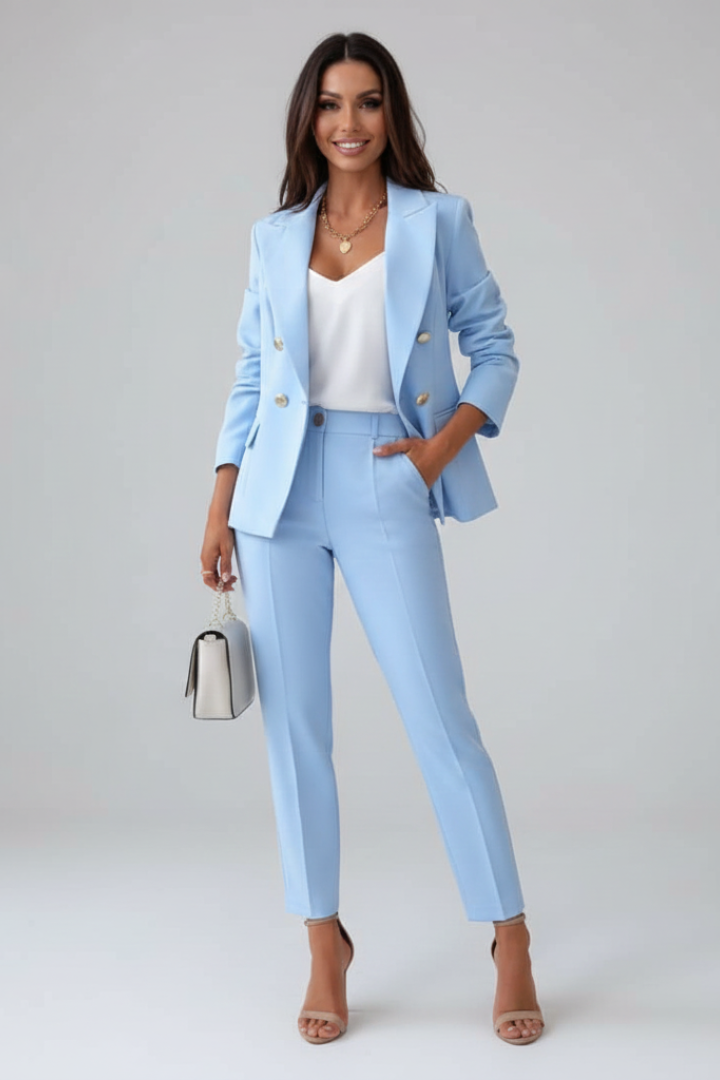 Elegant women's buttoned suit jacket, part of a professional business wear set.