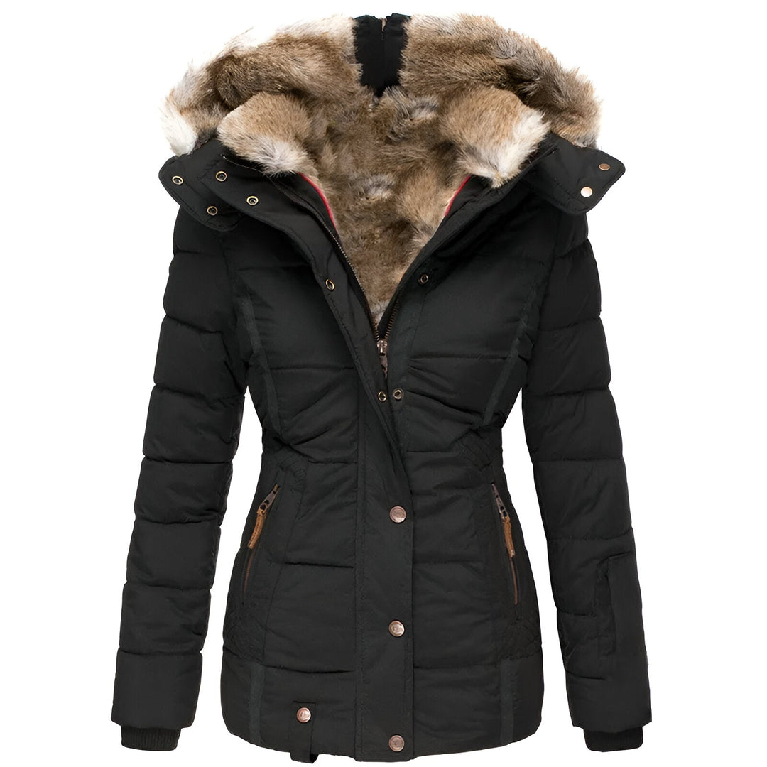 Women's quilted puffer jacket with a luxurious faux fur hood, perfect for stylish winter warmth.