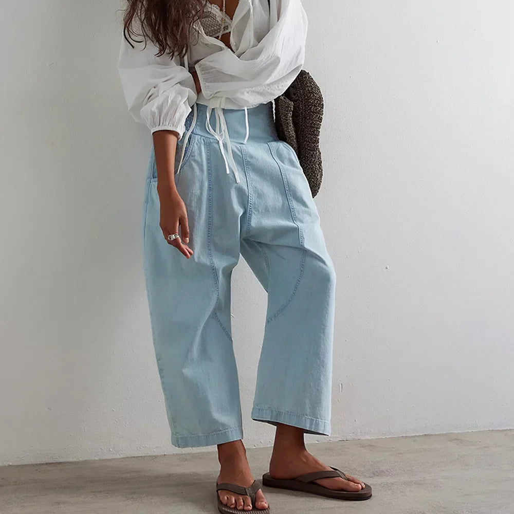 Back view of women's wide leg cotton linen pants, demonstrating the relaxed and flattering silhouette.