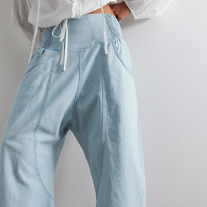 Full-length shot of women's relaxed wide leg pants made from a breathable cotton linen blend.
