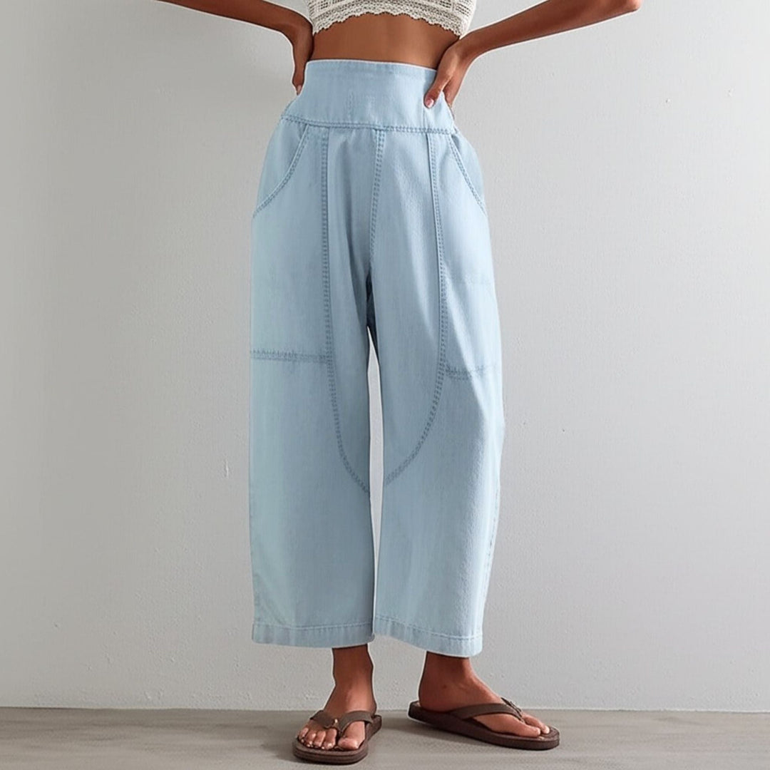 Women's breezy cotton linen wide leg trousers, perfect for beachwear or everyday summer style.