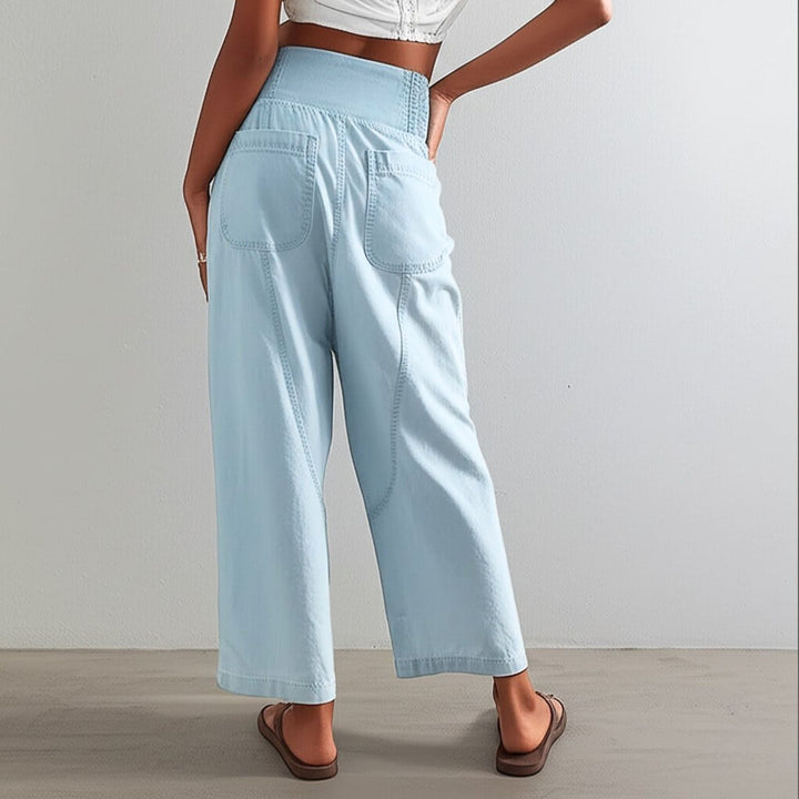 Detailed image of the waistband and relaxed fit of women's cotton linen wide leg pants.