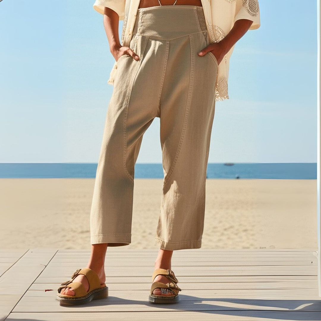 Women's summer fashion wide leg pants, crafted from a lightweight cotton linen fabric.