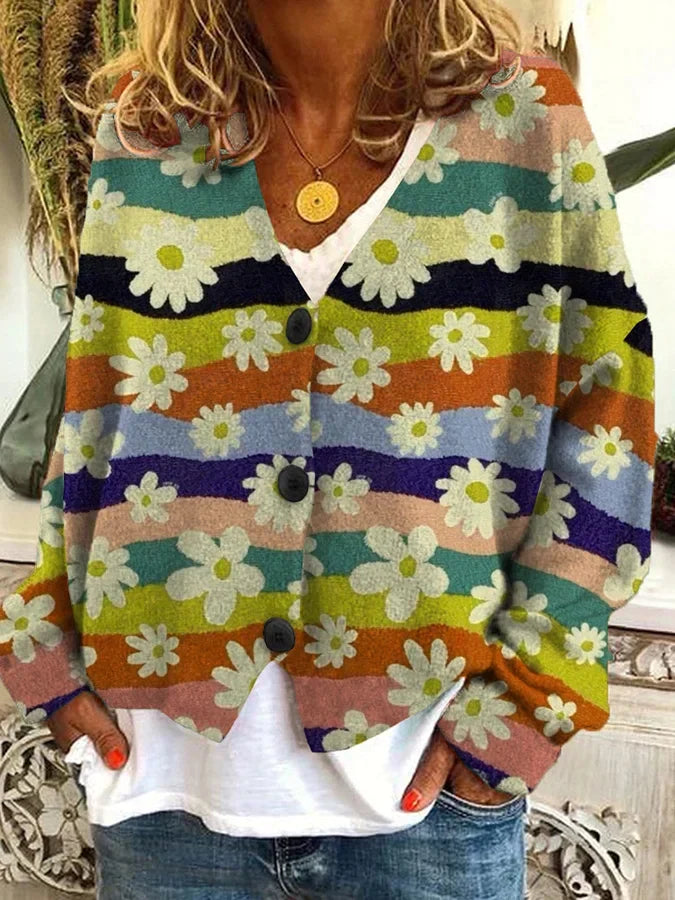 Soft women's relaxed fit floral stripe cardigan with button-up front. A vibrant casual layering piece.