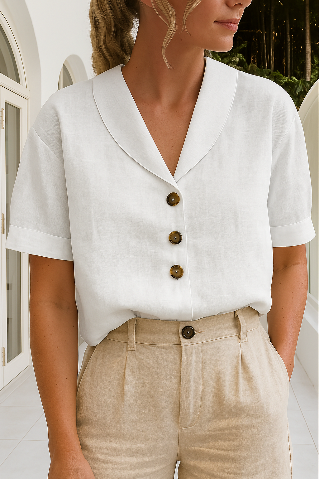 Women's relaxed fit short sleeve linen t-shirt, perfect for comfortable everyday style and summer fashion.