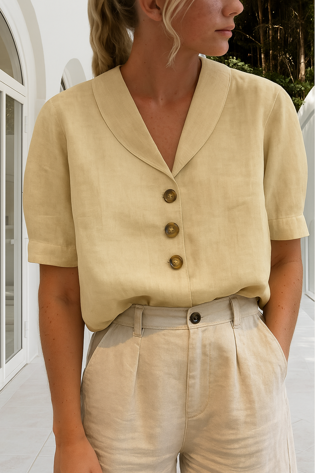 Versatile ladies' linen short sleeve top, offering a relaxed fit for comfortable summer and casual fashion.