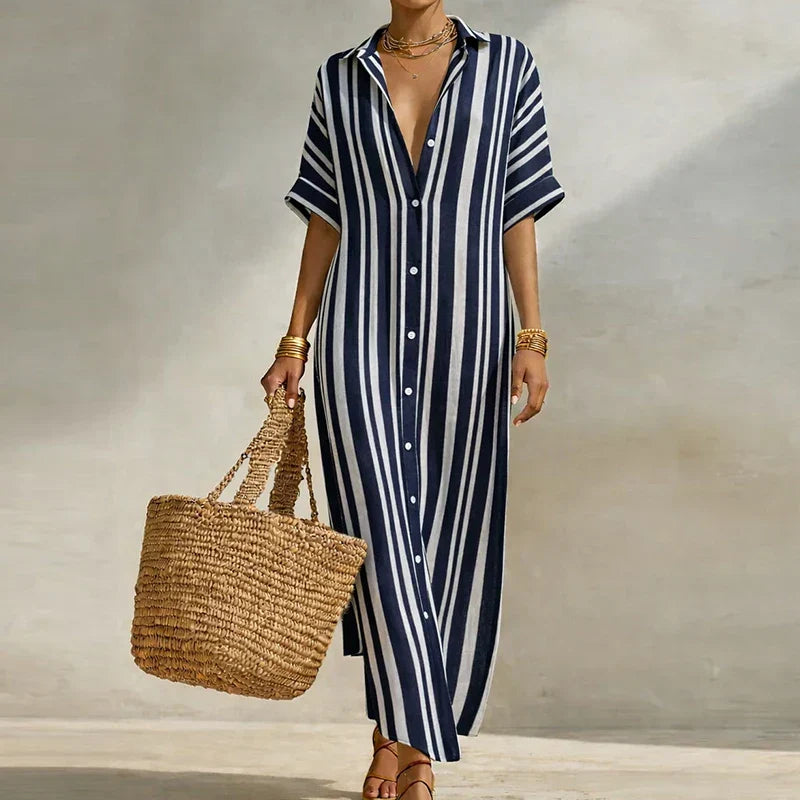 Striped long shirt dress for women, featuring a relaxed fit & v-neck. Ideal casual day wear.