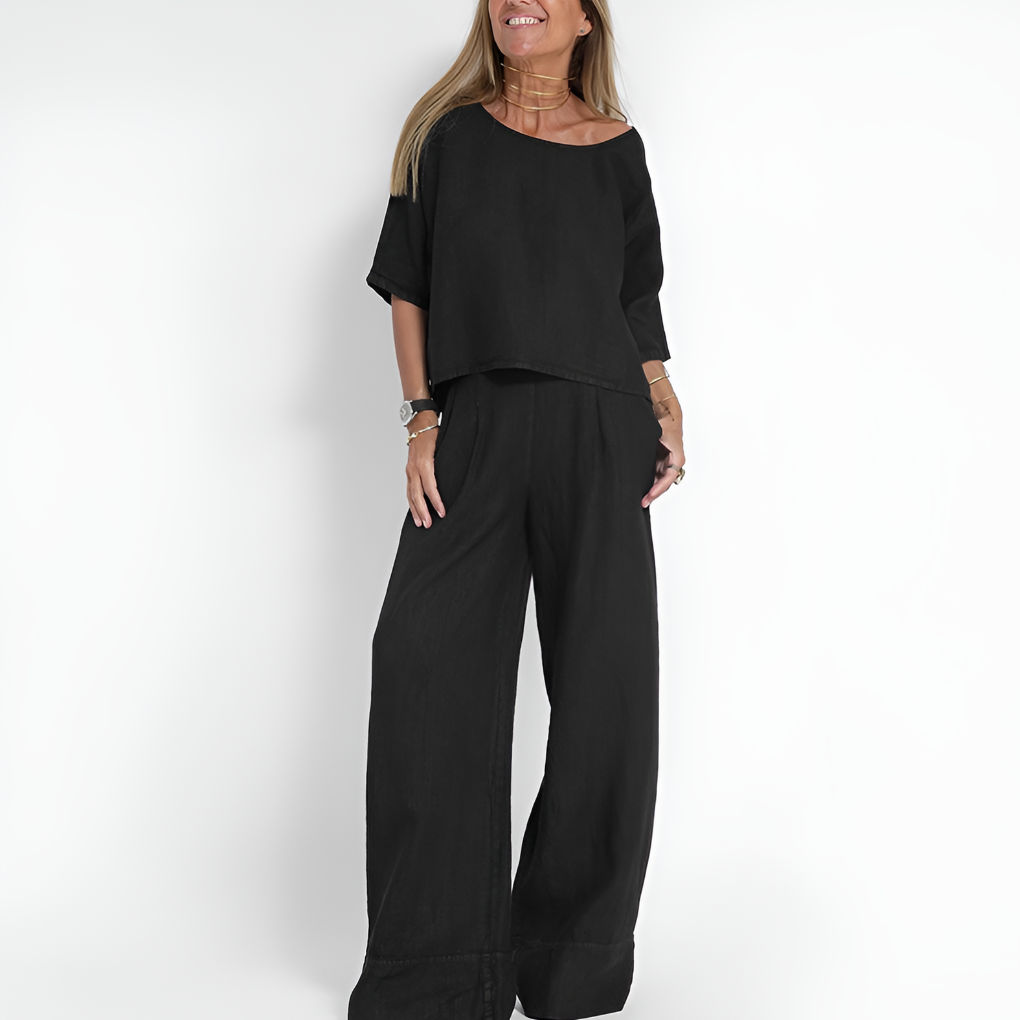 Chic women's matching set: oversized top & wide leg pants. Ideal for casual wear, vacation, or spring fashion.