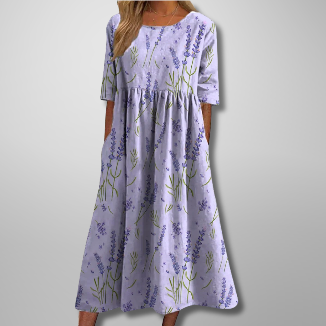 Elegant women's floral midi dress, versatile for day wear, spring, or summer occasions.