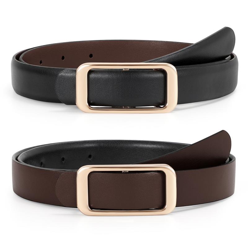 Women's reversible leather belt, black to brown, with a polished silver-tone buckle.