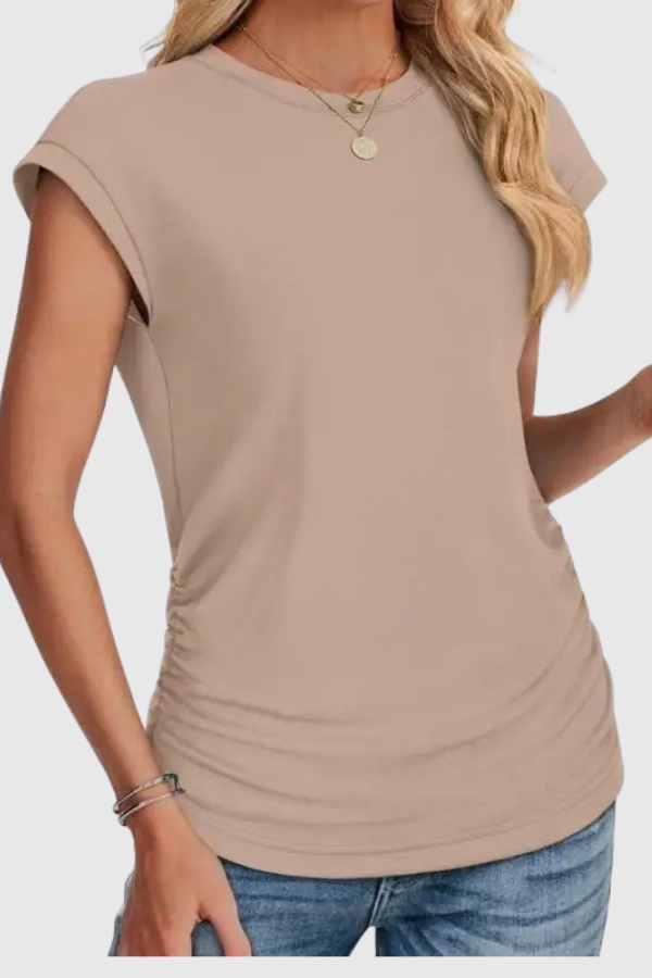 Everyday women's casual tunic top with ruched side & short sleeves. Comfortable, stylish, perfect for summer.