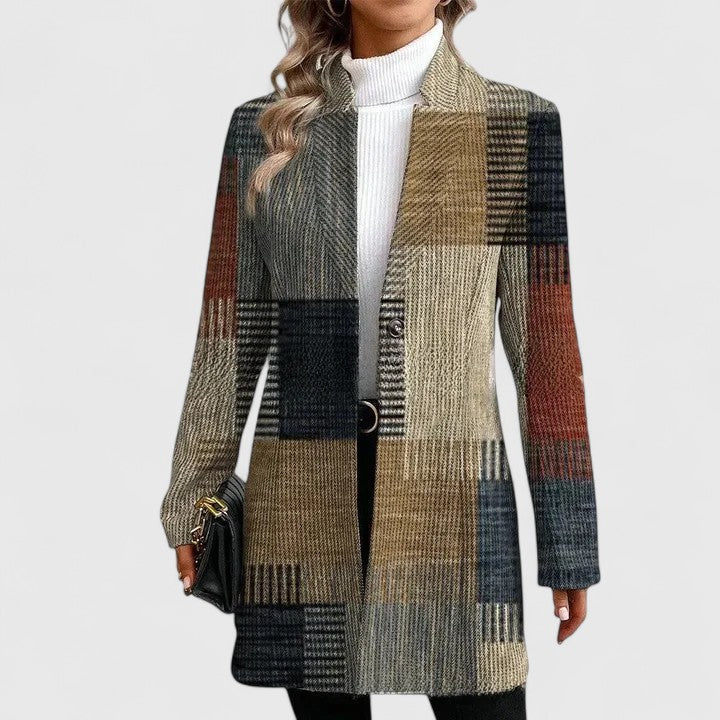 Women's rustic plaid longline blazer. Multi-color fall/winter outerwear, perfect for a casual chic style.