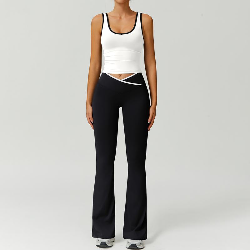 Women's sculpting capri legging and sports bra set in black, ideal for yoga and gym workouts