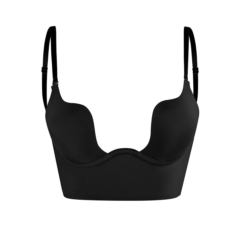 Black strapless backless comfort bra, seamless design offers invisible support for elegant formal wear.