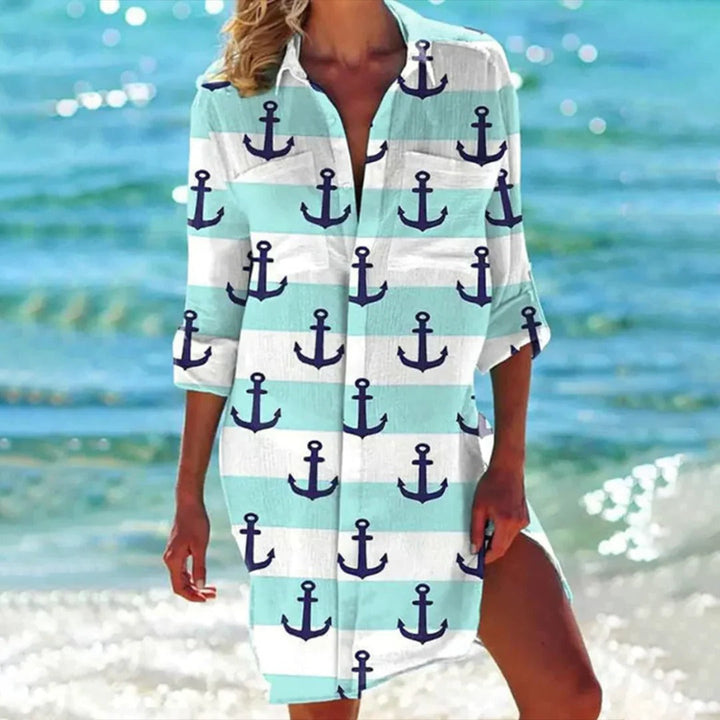 Women's 3/4 sleeve shirt dress with vibrant seashell & starfish nautical print, beach cover up.