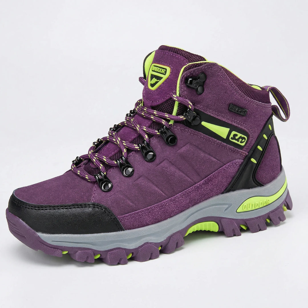 Comfortable women's hiking boots with ankle & arch support. Water-resistant outdoor footwear for adventurous trails.