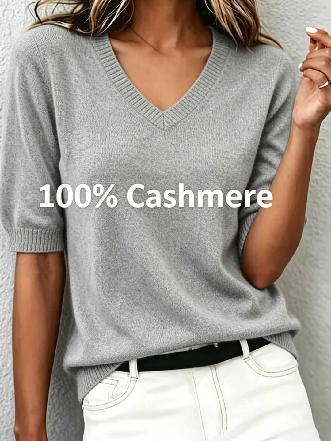 Everyday women's short sleeve V-neck sweater, ribbed collar detail, suitable for smart casual looks.