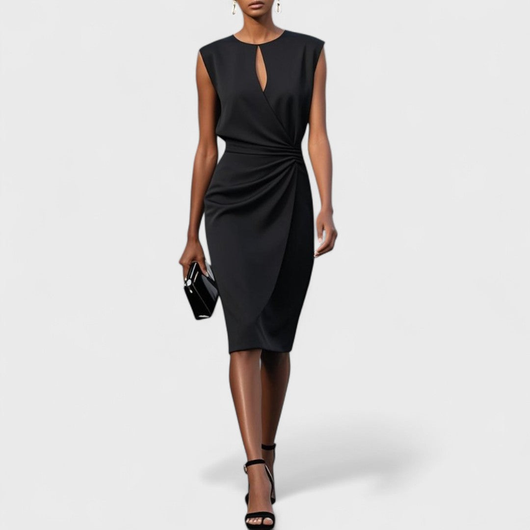 Chic women's sleeveless midi dress with trendy cutouts and a pleated side drape, great for spring/summer fashion.